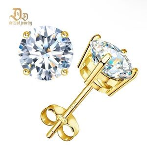 Delzzad Round Lab-Created Moissanite Stud Earrings 14k Gold Plated 3mm